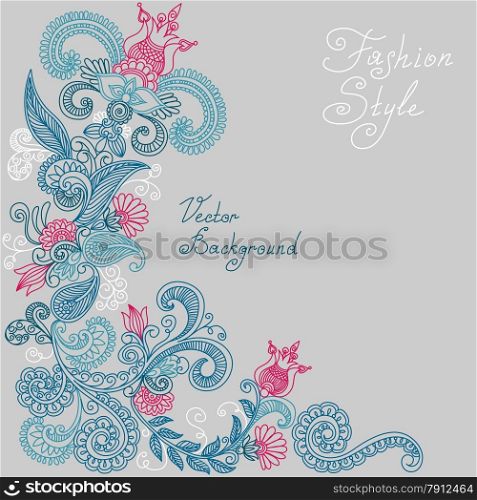 vector blue and red floral pattern of spirals, swirls, doodles