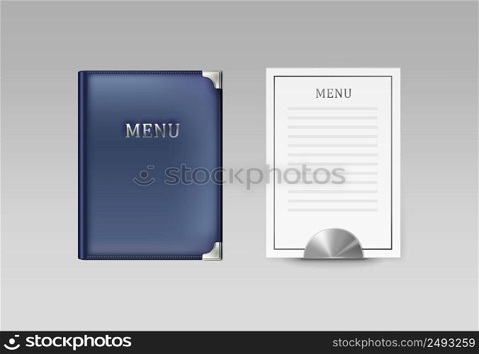 Vector blue cafe menu book holder and white card top view isolated on gray background. Menu book and card