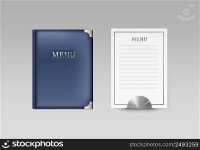 Vector blue cafe menu book holder and white card top view isolated on gray background. Menu book and card
