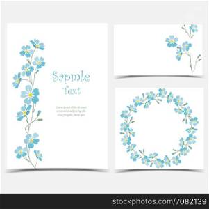 Vector blue forget me not flowers. Set vector illustration blue flowers on the card. Branch of blue forget-me-not flowers