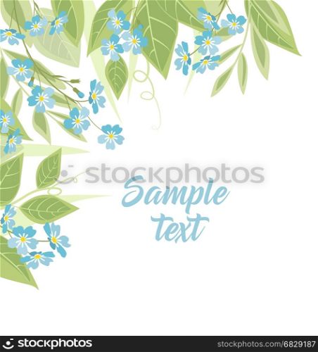 Vector blue forget me not flowers. Vector illustration blue flowers. Branch of blue forget-me-not flowers and leaves