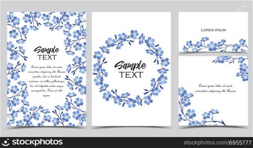 Vector blue forget me not flowers. Vector illustration blue flowers on background. Branch of blue forget-me-not flowers. Set of greeting cards