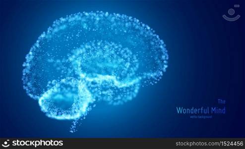 Vector blue illustration of 3d brain with glowing neurons and shallow depth of field. Conceptual image of idea birth or artificial intelligence. Shiny dots forms brain structure. Futuristic mind scan. Vector blue illustration of 3d brain with glowing neurons and shallow depth of field. Conceptual image of idea birth or artificial intelligence. Shiny dots forms brain structure. Futuristic mind scan.