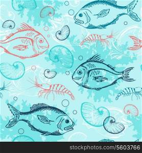 Vector blue marine seamless pattern with tropical fishes