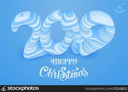 Vector blue paper cut Merry Christmas 2019. Numbers cut from paper. 3d paper craft with shadows. Vector abstract modern illustration. Vector blue paper cut Merry Christmas 2019. Numbers cut from paper. 3d paper craft with shadows. Vector abstract modern illustration.