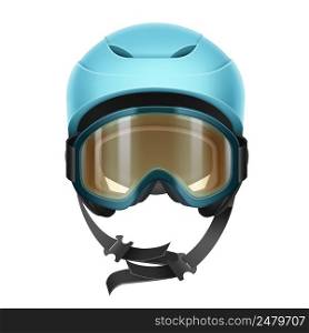 Vector blue protective helmet with orange goggles for skiing, snowboarding and other winter sports front view isolated on white background. Protective helmet with goggles