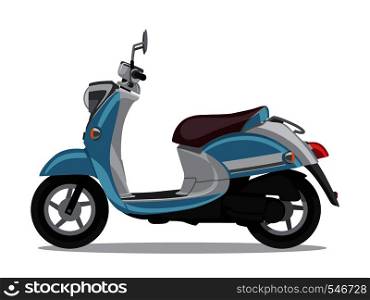 Vector blue retro scooter, flat style side view. Moped for delivery, scooter for tourism. Economical and ecological city transport. Vector illustration.. Vector blue retro scooter, flat style side view.