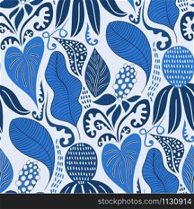 Vector Blue Seamless Tough Pattern with Flowers and Leaves.