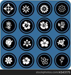 vector blue signs. silhouettes of flowers set. flowers icons.