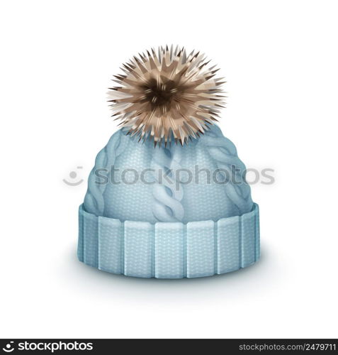 Vector blue winter knitted cap with pom-pom side view isolated on white background. Blue Knitted cap