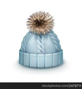 Vector blue winter knitted cap with pom-pom side view isolated on white background. Blue Knitted cap