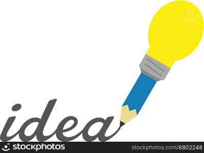 Vector blue yellow light bulb-tipped pencil writing word idea.