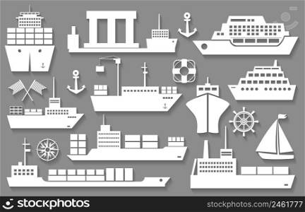 vector boat and ship white icons with shadows
