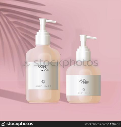 Vector Body Care Pump Bottle with White Label in Minimalist Pink Background