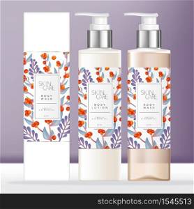 Vector Body Wash or Soap Dispenser or Pump Bottle, Chrome & Transparent Plastic Bottle Packaging with Elegance Floral Pattern Printed Label. Carton Box Outer Packaging.