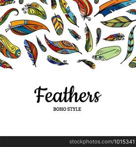 Vector boho doodle color feathers background illustration with placce for text banner. Vector boho doodle color feathers background illustration