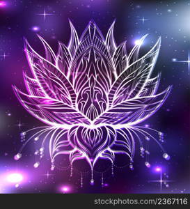 Vector boho lotus with ornate decorations in cosmos. Neon water flower with tribal ornament on space background. Natural sacred symbol with stars and constellation. Contour lily with distortion. Vector boho lotus with ornate decorations in cosmos. Neon water flower with tribal ornament on space background. Natural sacred symbol