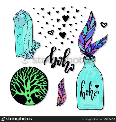 Vector Boho Style set. Vector illustration with hand drawn creative collection with gem, feather and jar.. Vector Boho Style set. Vector illustration with hand drawn creative collection with gem, feather and jar