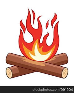 vector bonfire flame illustration. red and orange camp light cartoon. campfire icon isolated on white background. hot fire on firewood