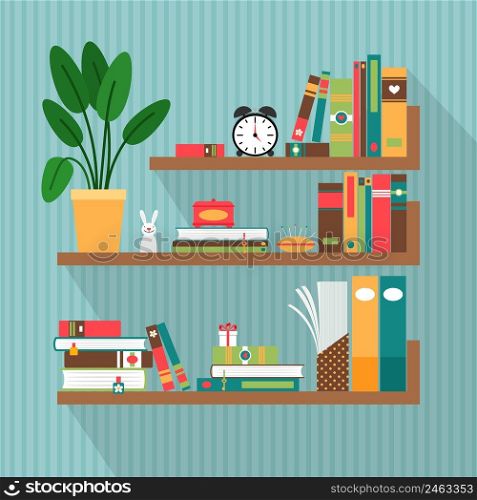 Vector books on bookshelves. Library and literature,∫erior and study. Vector books on bookshelves