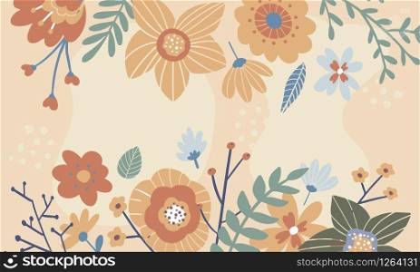 Vector border with lemon, white, blue, pink stylized doodle flowers and place for your text. Vector border with lemon, white, blue, pink stylized doodle flowers and place for your text on gray background.