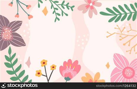 Vector border with lemon, white, blue, pink stylized doodle flowers and place for your text. Vector border with lemon, white, blue, pink stylized doodle flowers and place for your text on gray background.