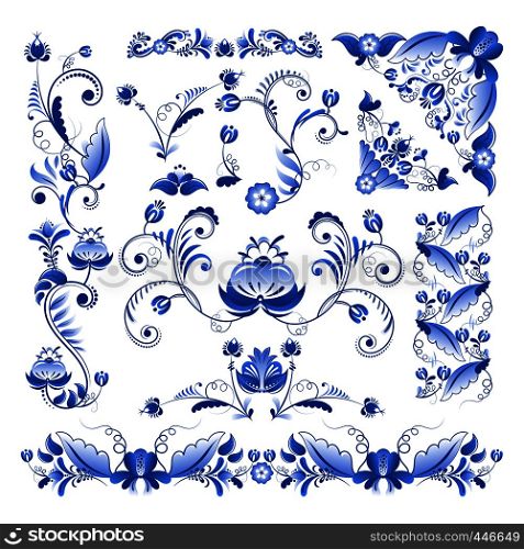 Vector borders, corners and other floral elements in Gzhel style. Ornament decorative floral flower pattern illustration. Vector borders, corners and other floral elements in Gzhel style