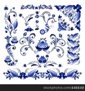 Vector borders, corners and other floral elements in Gzhel style. Ornament decorative floral flower pattern illustration. Vector borders, corners and other floral elements in Gzhel style