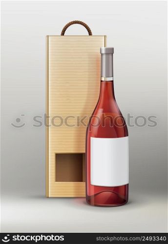 Vector bottle for wine or champagne with craft paper packaging on gray background. Bottle with packing