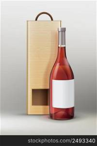 Vector bottle for wine or champagne with craft paper packaging on gray background. Bottle with packing