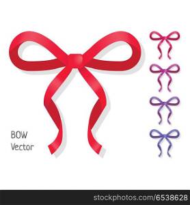 Vector bow set isolated. Colors of present bows.. Vector bow set isolated on white. Different colors of present bows. Pussy bright bow knots. Ribbons in flat design. Overwhelming bow decorative elements. Vector cartoon illustration of classical bows