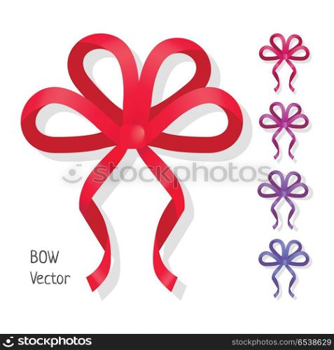 Vector bow set isolated. Colors of present bows.. Vector bow set isolated on white. Different colors of present bows. Pussy bright bow knots. Ribbons in flat design. Overwhelming bow decorative elements. Vector cartoon illustration of classical bows