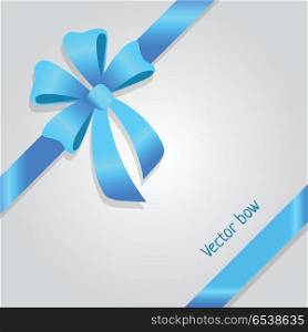 Vector Bow. Shiny Wide Blue Ribbons. Four Petals. Vector Bow. Shiny wide blue ribbons. Satin line. Tied bob. Colourful bow with four petals and two long tails. Bright decoration for gifts, presents, boxes. Simple cartoon design. Flat style. Vector