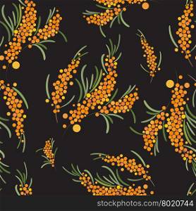 Vector Branch of Sea-Buckthorn Pattern. Orange Berries on a Branch Background Illustration.