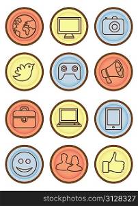 Vector bright badges with internet icons - collection in retro style