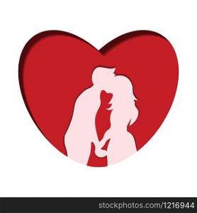 Vector bright card with cutout grungy heart. Romantic paper art poster design. Couple kissing.