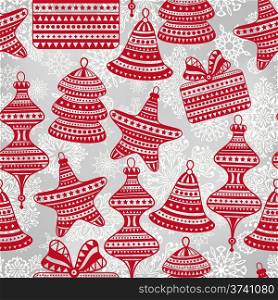 vector bright holiday winter pattern with sledge, snowman, boxes, snowflakes, deers, and fir trees, seamless pattern in swatch menu