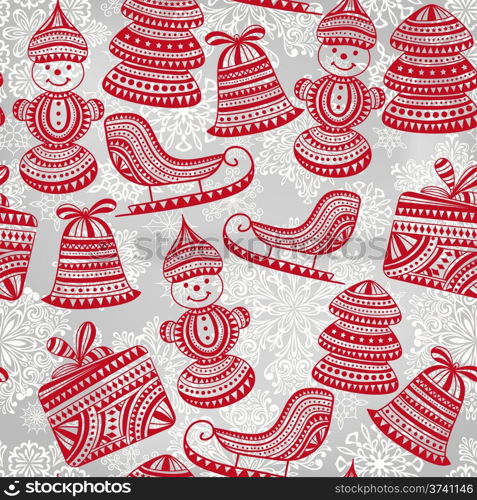 vector bright holiday winter pattern with sledge, snowman, boxes, snowflakes, deers, and fir trees, seamless pattern in swatch menu