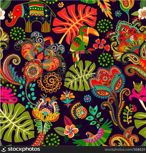 Vector bright seamless pattern with tropical plants, flowers and animals. Colorful wallpaper for textile, cover, wrapping paper, web
