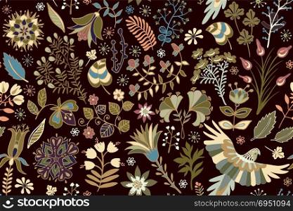 Vector bright seamless pattern with tropical plants, flowers and birds. Colorful wallpaper for textile, cover, wrapping paper, web. Colorful wallpaper for textile, cover, wrapping paper web