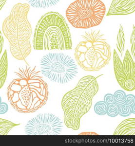 Vector Bright Seamless Spring Pattern with Funky Design Elements. Original Design for Wallpaper, Pattern, Print, Card etc