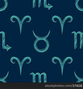 vector bright teal color hand drawn dotwork style zodiac signs Taurus Aries Scorpio dark blue background deco seamless pattern &#xA;
