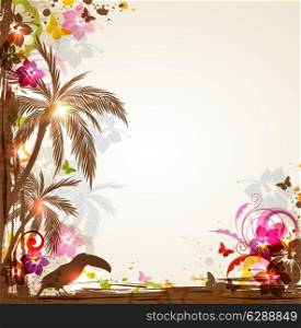 Vector bright tropical background with palms and toucan