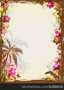 Vector bright tropical frame with palms and toucan