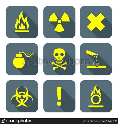 vector bright yellow color flat style hazardous waste symbols warning signs gray icons long shadows&#xA;