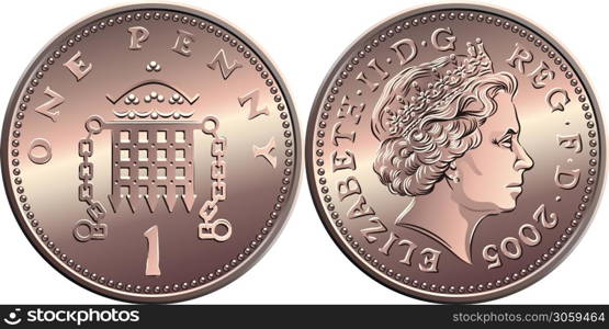 Vector british money bronze coin One penny, crowned portcullis with chains on reverse, queen on obverse. vector British money, coin one penny