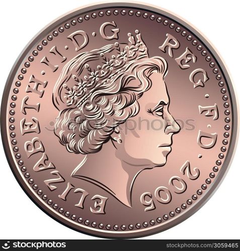 Vector british money bronze coin One penny, queen on obverse. vector British money, coin one penny