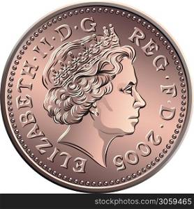 Vector british money bronze coin One penny, queen on obverse. vector British money, coin one penny