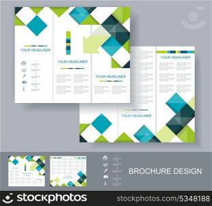 Vector brochure template design with blue, green and grey elements. EPS 10