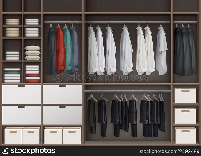 Vector brown cloakroom closet with shelves full of boxes and clothes shirts,trousers pants, jackets front view. Vector Cloakroom closet